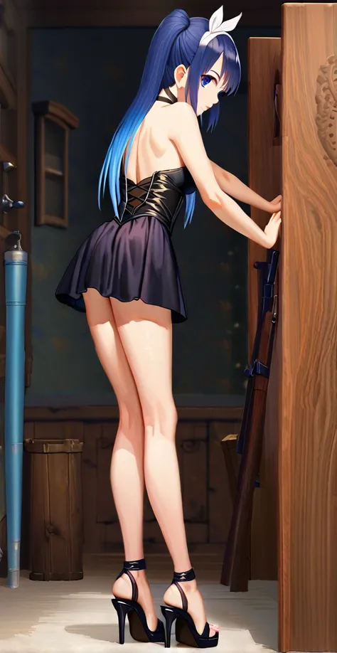 1girl, ff8rinoa, torn black corset strapless,  medium breasts hanging, white hairband, black choker, long legs, spread legs,  bl...