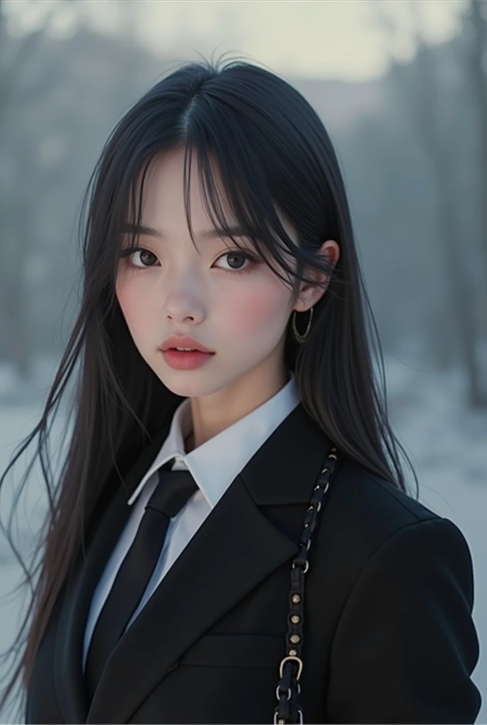 1girl, solo, black hair, shirt, looking at viewer, collared shirt, full body, long hair, black jacket, white shirt, black eyes, jacket, necktie, skirt, amazing quality, very aesthetic, masterpiece