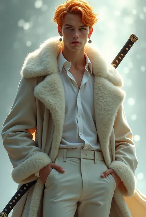 A tall 22 year old white boy with orange blonde hair With white eyes With earrings in both ears With a white shirt with dress pants and black shoes and a fur coat With a divine katana 
