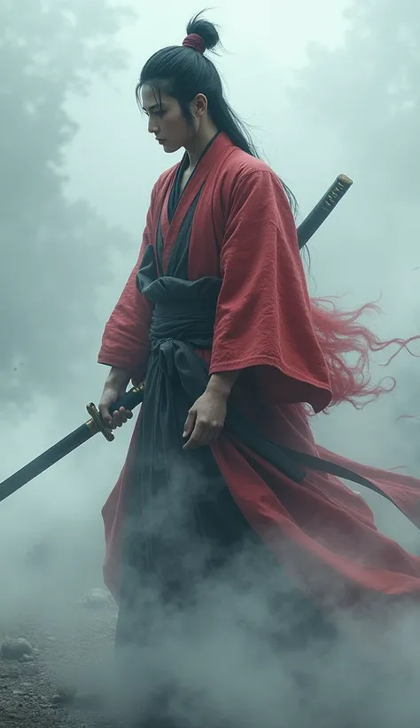 Mysterious Samurai (Musashi Miyamoto) Swinging a long Japanese sword, Splitting apart with every strong blow、Shrouded in fog that obscures the view, Revealing vivid and surreal scenes, The blade&#39;s cut stands out clearly against the blurry background., ...