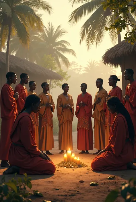 Village African group of people praying 