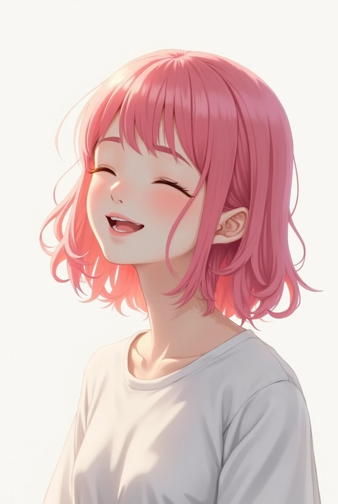 1 girl, solo, best quality, ultra detailed, minor, (happy:1.4), closed eyes, pink hair, medium hair, looking away, from front, from below, portrait, white background, white shirt