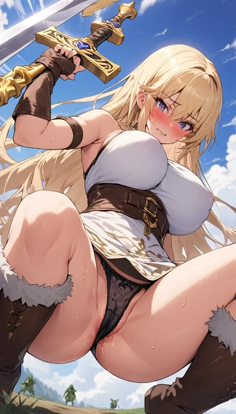 Ultra-high definition image quality、beautiful girl、Female Swordsman、Light Armor、Greeboots、Long Hair、blonde、20-year-old、Be confident々face、Very short tight skirt、Sexy posture、Cowgirl、wilderness、Highest quality,Big Ass、Big Breasts、Thighs、Holy Sword Excalibur、...