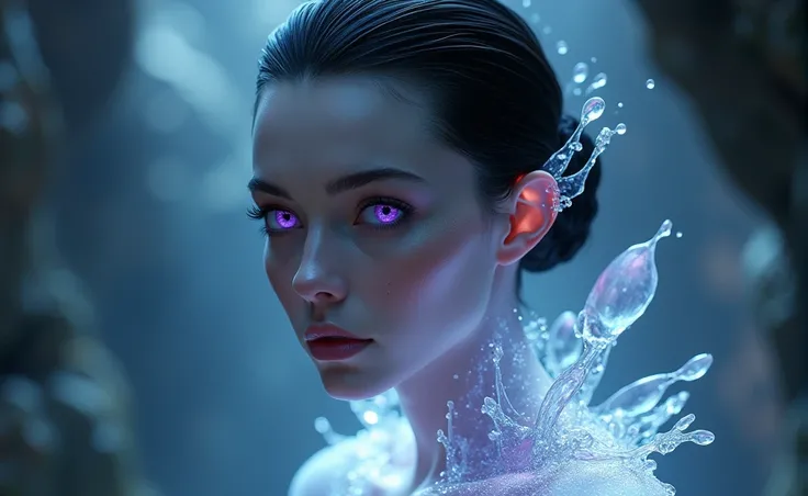 It has a futuristic and surrealist style. It presents a female figure with almost ethereal characteristics.. His eyes are a deep purple, which gives it an air of mystery or otherworldliness. Her skin is pale and soft, with an almost unreal shine. The hair ...