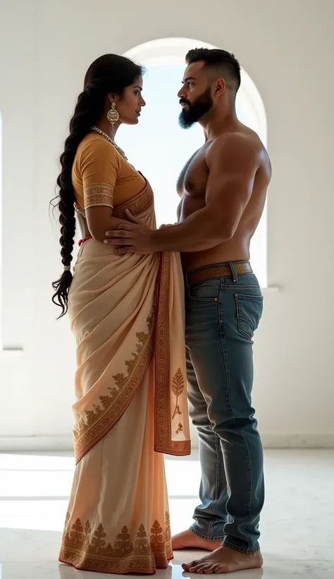 hot curvy white milf with long single plaited hairstyle, big breast, big hip, very big ass, thick thighs, perfect body, woman wearing saree, looking at camera, tall man and short woman, in white room, man with short side fade hairstyle, muscular body, bear...