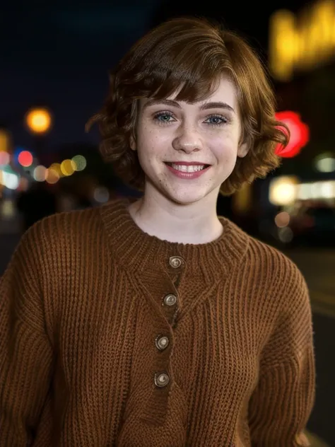 s0ph, alone, a woman, (looking at viewer: 1.3), short wavy hair, smile, red hair, wearing sweater, city street, Night, bokeh, (extreme DOF: 1.2), (masterpiece: 1.2) ,neon light,volumetric lighting,8K,highly detailed skin,pores,cinematic