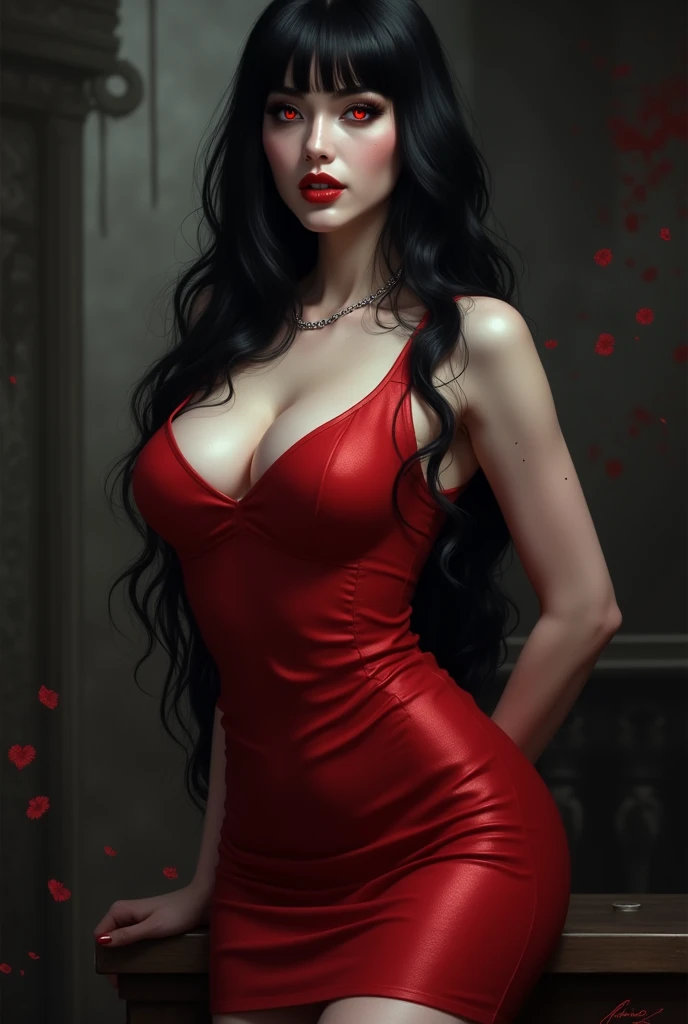 A sexy and beautifull vampire woman. She is pale, has black long hair with a fringe, red glowing eyes, vampire teeth and a curvy body. She wears a tight royal red sleeveless dress with a big cleavage that also shows her thighs.