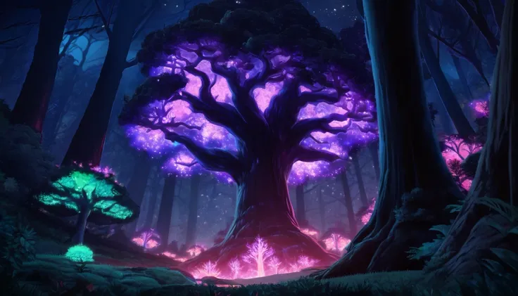 night，A big tree，forest，glowing tree，Big tree on the side