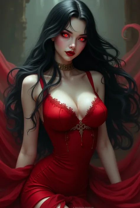 A thick and sexy and beautifull vampire woman. She is pale, has black long hair with a fringe, red glowing eyes, vampire teeth and a curvy body. She wears a tight royal red sleeveless dress with a big cleavage and that also shows her thighs.