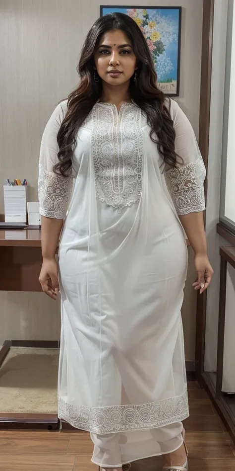 Day scene, A radiant, full-figured South Indian 35 year old aunty a white colour chiffon gown ,standing, in a office captured in a full-body image with vibrant hues and meticulous details. Full body image