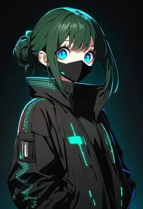 One girl、masterpiece、Highest quality、Beauty、Beautiful Eyes、Big eyes、Dark green hair、Low bun hair、Center Parting、Black Sailor Suit、Cyber-inspired jacket、Put your hands in your pockets、Black Mask、Black Background、paint、anime