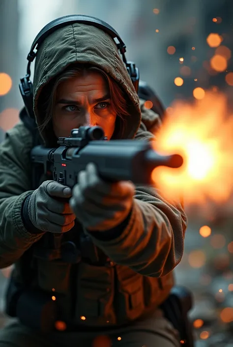 Create a dynamic and intense scene of a sniper firing a shot, with the moment captured in a fusion of realistic and FX elements. The sniper, clad in tactical gear, is positioned in a dramatic stance, with their eye focused through the scope, finger on the ...