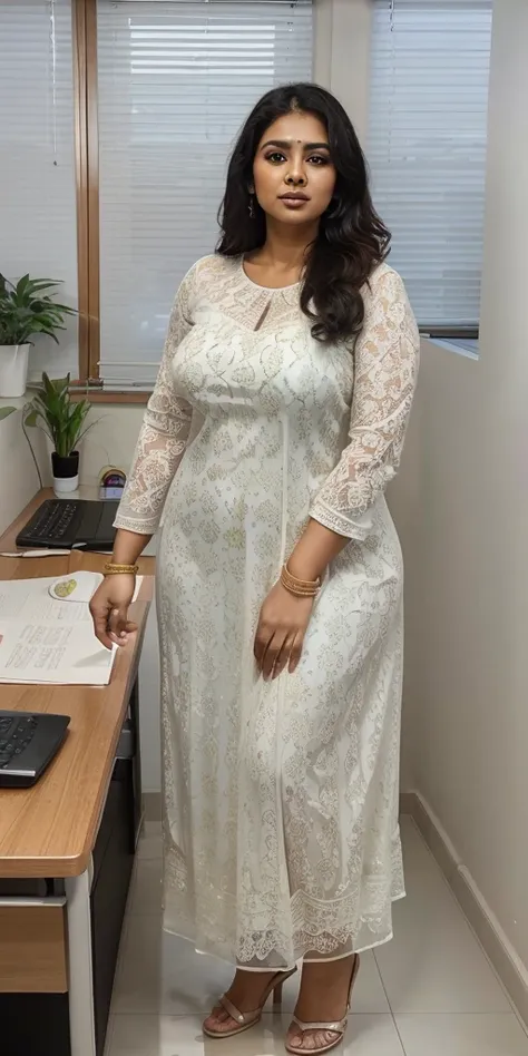 Day scene, A radiant, full-figured South Indian 35 year old aunty a white colour chiffon gown ,standing, in a office captured in a full-body image with vibrant hues and meticulous details. Full body image