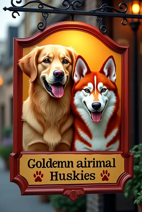 A sign that says Golden Pets Veterinary with the faces of a golden retriever and a red husky