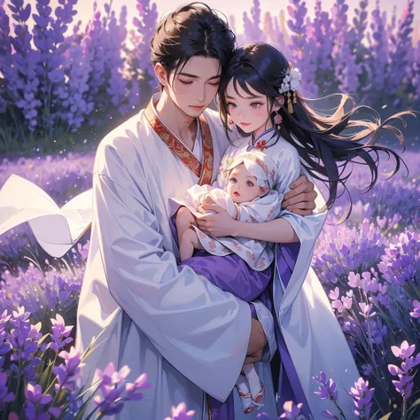 A one-year-old baby boy in an white ancient Chinese baby costume with his beautiful mother, dressed in an ancient Chinese costume, Stroll among the purple lavender fields , There are some floating clouds, playing with each other, with his handsome father s...