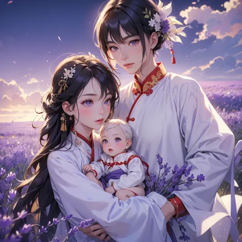 A one-year-old baby boy in an white ancient Chinese baby costume with his beautiful mother, dressed in an ancient Chinese costume, Stroll among the purple lavender fields , There are some floating clouds, playing with each other, with his handsome father s...