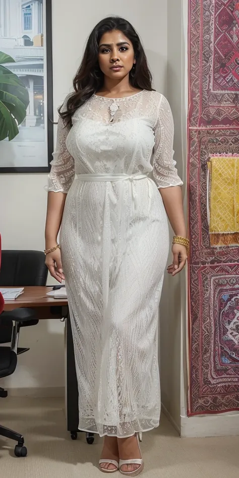 Day scene, A radiant, full-figured South Indian 35 year old aunty a white colour chiffon gown ,standing, in a office captured in a full-body image with vibrant hues and meticulous details. Full body image