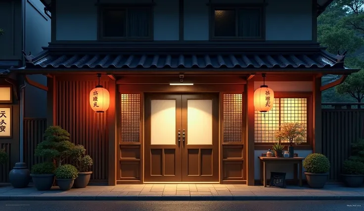 japan, japanese tradicional "horumon" restaurant front view, night, blank board on doors