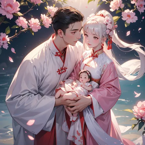 A one-year-old baby boy in an white ancient Chinese baby costume with his beautiful mother, dressed in an ancient Chinese costume, Standing in the middle of pink carnations, There are some floating clouds, playing with each other, with his handsome father ...