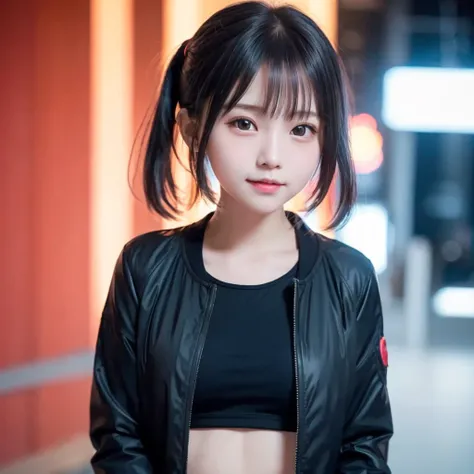 Highest quality、8k,(((Beautiful girl small breasts))),Wearing a black jacket、Cyberpunk Red Green Background、(((Upper body naked))),smile,(((Small body))),(((Cute little sister))),、、Round face,Big eyes, Round eyes、No makeup、Sweaty、A face like a junior high ...