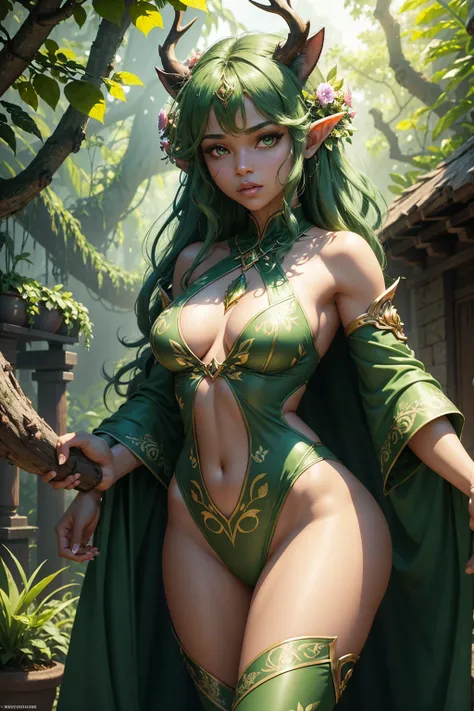 Jungle like environment. A lithe young African-American Woman with a deep, green plant like skin tone and a B-cup-Bust. She short has leaf green curly hair & is wearing a form-fitting bodysuit with a deep neckline, exposing much of her chest area & slightl...