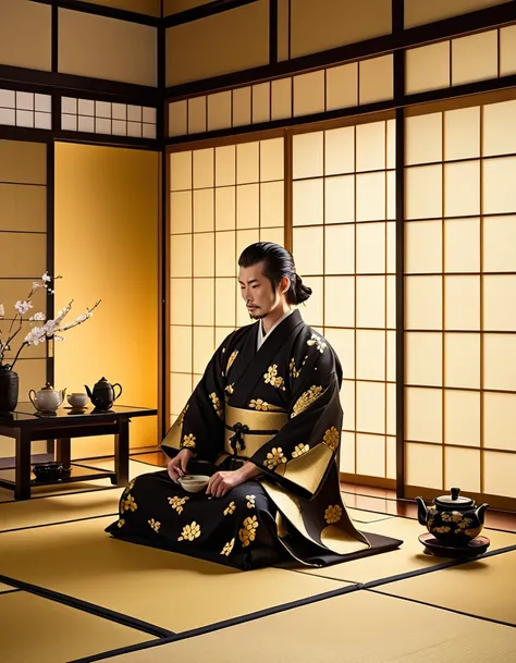 A small tea room entirely covered in gold, with traditional Japanese design elements such as tatami mats and sliding doors. A Japanese samurai dressed in regal clothing is sitting inside, preparing tea. The room glows with the richness of gold, exuding pow...