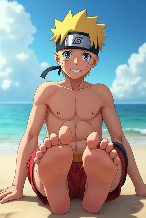 ((masterpiece)) ((of the highest quality)) ((so beautiful)) Realistic animated image in HD quality of Naruto Uzumaki barefoot showing the soles of his feet from below Sitting on the beach smiling shirtless To be seen from the front 2 feet Showing 5 toes on...