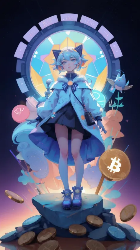 a close up of a beautiful cute girl standing on a pile of coins with a lit up bitcoin, 🚀🚀🚀, 🚀🌈🤩, cryptocurrency, bitcoin evil, giant crypto vault, satoshi, cryptocurrency in the background, 🐋 as 🐘 as 🤖 as 👽 as 🐳, beeple and jeremiah ketner, whimsical demon...