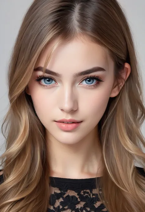 A virtual portrait of a 22-year-old German girl exudes youthful beauty, with flawless skin and a soft, tiled skin tone. Her long, light brown hair cascading down her back accentuates her heart-shaped face and emphasizes her striking features. Her deep blue...