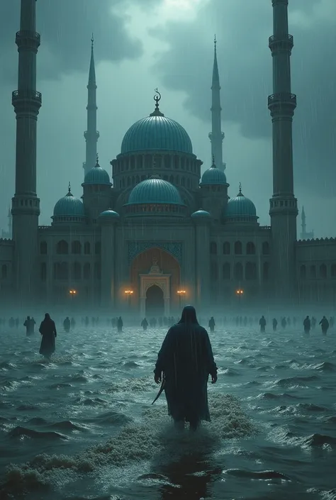 Masjid with terrible flood and people (Man) going masjid in rain