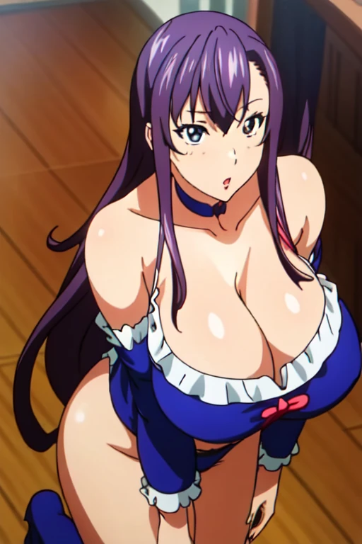 Amaya haruko,Maken-ki,perfect eyes:1.2, detailed eyes:1.4, Gaudy sleeve one piece cloth with cleavage,Heels,skindentation,Blue eyes, Purple hair, bangs, ((Gaudy thick wavy long hair)), 20yo, Young female, Beautiful Finger, Beautiful long legs, Beautiful bo...