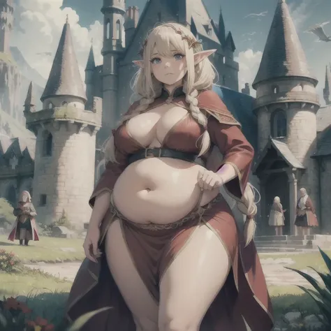 (Best quality), (high resolution), (detailed),1woman, chubby elf girl, clothes, dark fantasy, two braids, shy pose, bloated belly, red dress, standinf infront of elven castle, standing next to elven guards