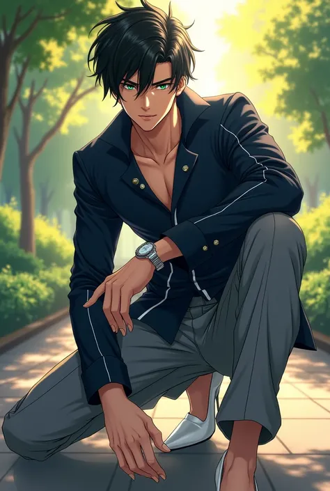 Handsome 25-year-old fantasy anime strong man with green eyes and black hair, navy jacket and white stilettos underneath. and gray pants with white lines on it, a silver ring on the ring finger and a normal silver watch on his left hand. His face shines in...