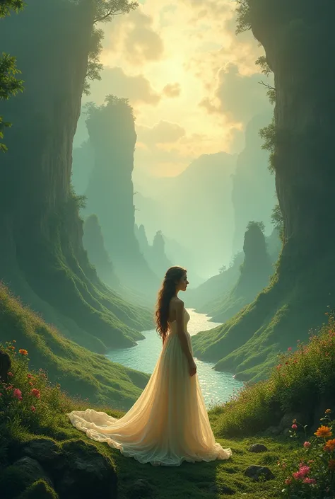 Mystical landscape with a beautiful young woman 