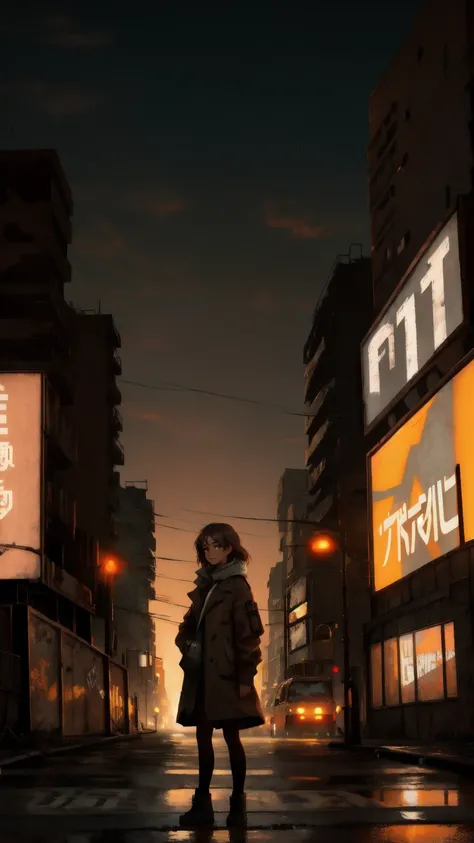 In a dystopian cityscape with a brown-toned background, a beautiful, cute girl stands under a flickering streetlight. She gazes at a weathered billboard that reads Permanent Temporary Fix, surrounded by dilapidated buildings and remnants of old technology....