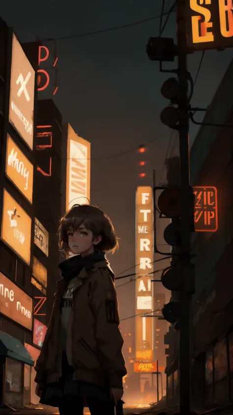 In a dystopian cityscape with a brown-toned background, a beautiful, cute girl stands under a flickering streetlight. She gazes at a weathered billboard that reads Permanent Temporary Fix, surrounded by dilapidated buildings and remnants of old technology....