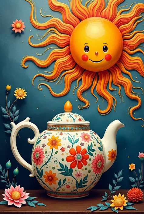 - a teapot with intricate floral patterns
- an abstract painting with swirling shapes
- a wooden sculpture of smiling sun