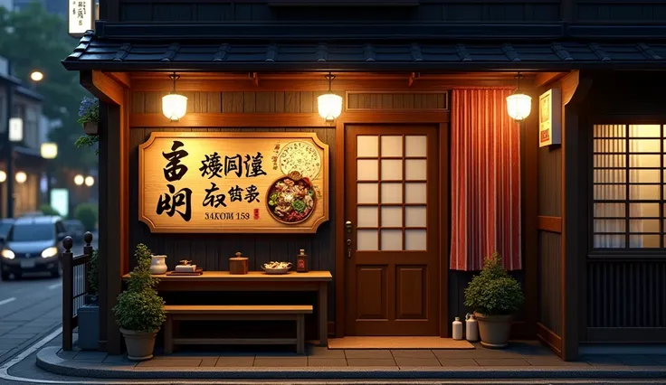 japanese horumon traditional restaurant at night, front view, medium board size on the doors