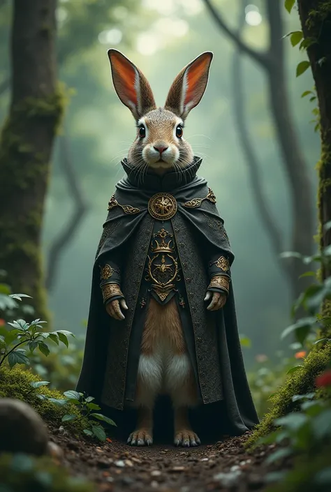 A rabbit standing a forest.
His dress is dictative