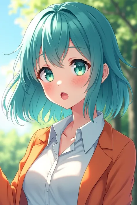 Anime girl long aqua hair aqua eyes white blouse and orange jacket, fair skin and porcelain features, shiny, pompom lips 