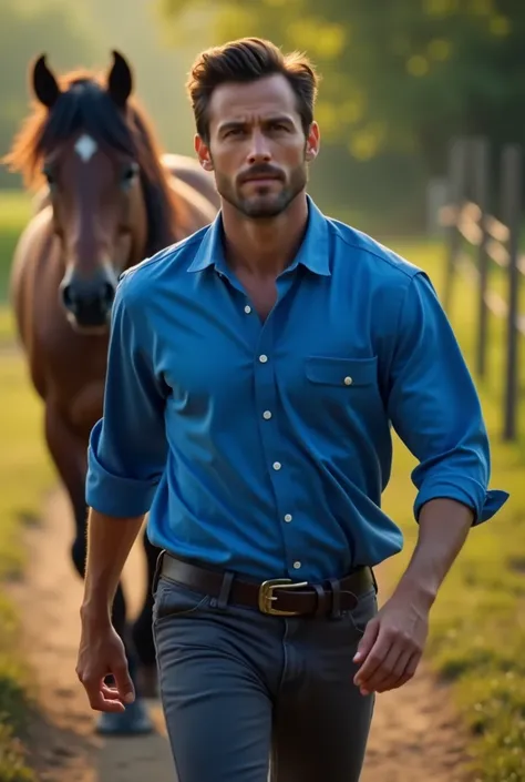 The mam wear the blue shirt and walking before the horse 