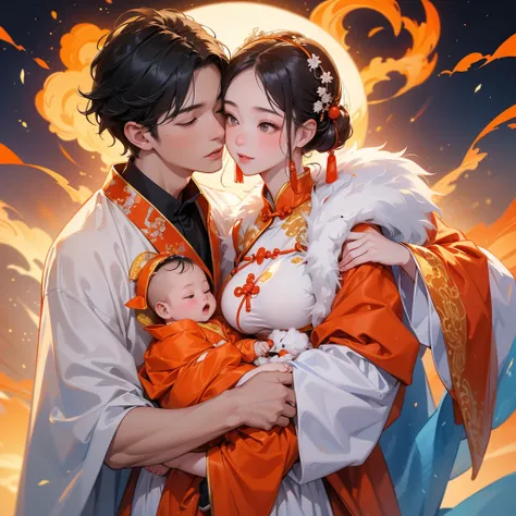 A one-year-old baby boy in an ancient Chinese baby costume with his beautiful mother, dressed in an white ancient Chinese costume, There are some floating clouds, playing with each other, with his handsome father standing next to his mother, close up.

Bac...