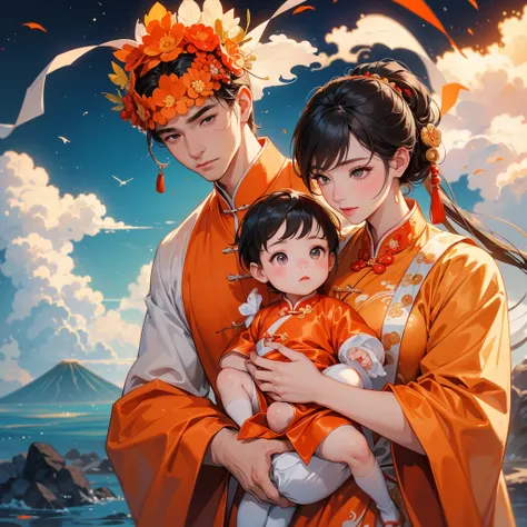 A one-year-old baby boy in an ancient Chinese baby costume with his beautiful mother, dressed in an white ancient Chinese costume, There are some floating clouds, playing with each other, with his handsome father standing next to his mother, close up.

Bac...