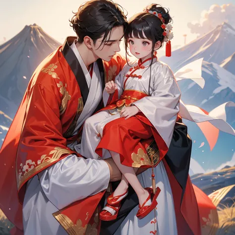 A one-year-old baby boy in an ancient Chinese baby costume with his beautiful mother, dressed in an white ancient Chinese costume, There are some floating clouds, playing with each other, with his handsome father standing next to his mother, close up.

Bac...