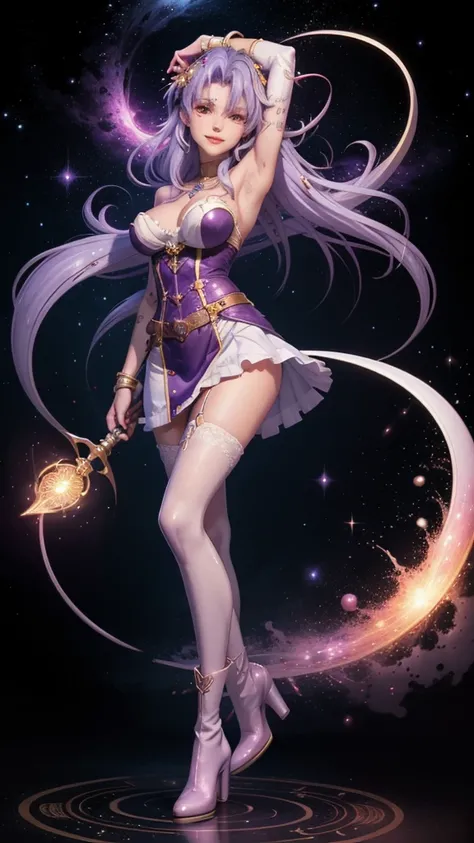 A beautiful mid 20s woman with a slender anime build, light lavender hair in a loose cascade, an inner thigh tattoo, standing in a contrapposto stance with a light smile, wearing a white skirt with lace stockings, high-heeled purple boots, and a heavy bust...