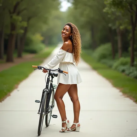 Her head is turned to the side, she is in profile, Whole sexy body , Toffee color skin, beautiful toffee mixed woman 2 with long blond curly hair and extremely detailled clear yellow eyes, Shes standing and holding her bike and smile, she is on a beautiful...