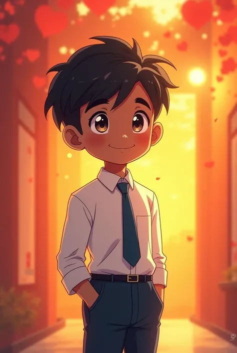 Happy shy anime boy ,dark skin colour, wearing formal shirt and pants and tie, background colour was Red and yellow mixed.