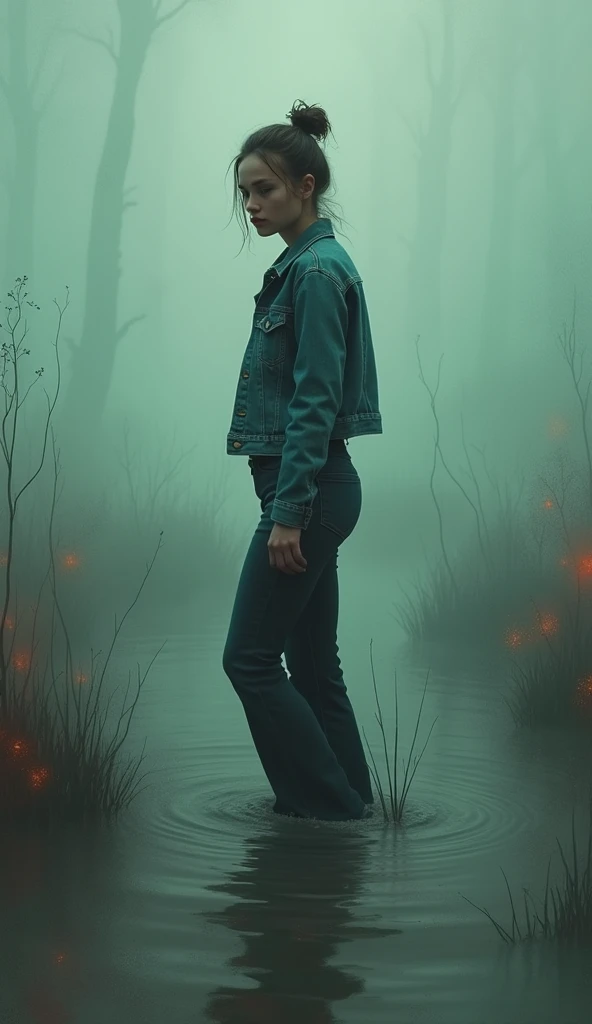 abstract woman, in tight denim jacket, cold weather, flared dark washed faded tight jeans, stuck in bog, loose bun, turns, red, green, blue, fog