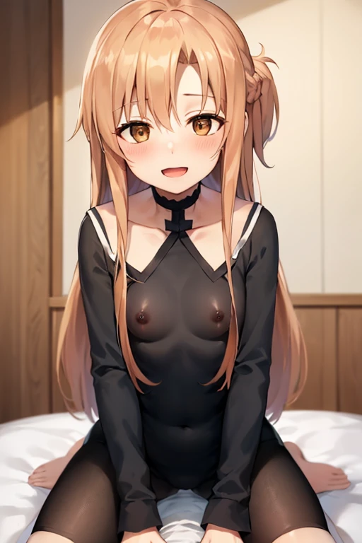 ((Highest quality)), ((masterpiece)), (be familiar with), Perfect Face, indoor, Bedroom, Watching the audience,
One woman, Yuuki Asuna,
Open Mouth, Ecstatic expression, blush, smile,
Small breasts, Flat Chest, , , child, Girl,
Long Hair, Long Hair,
Fully n...