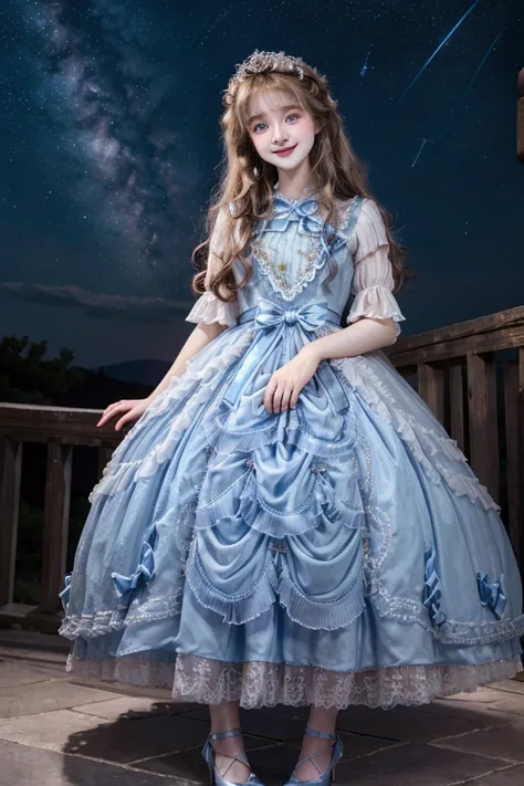 Dramatic light, straight angle, big blue eyes, pretty and cute 16 year old girl, smile, pale white skin, rosy cheeks, princess crowd, wavy messy brown hair, pastel blue princess dress, high heels, night sky view, stars, stars on dress